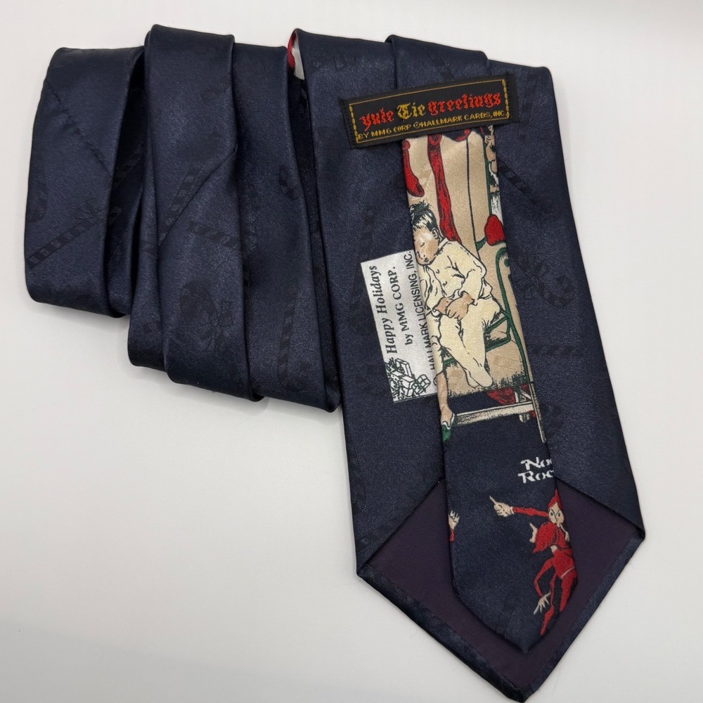 Norman Rockwell Necktie OS Christmas Holiday Santa Americana Vintage Navy Blue - Picture 4 of 8